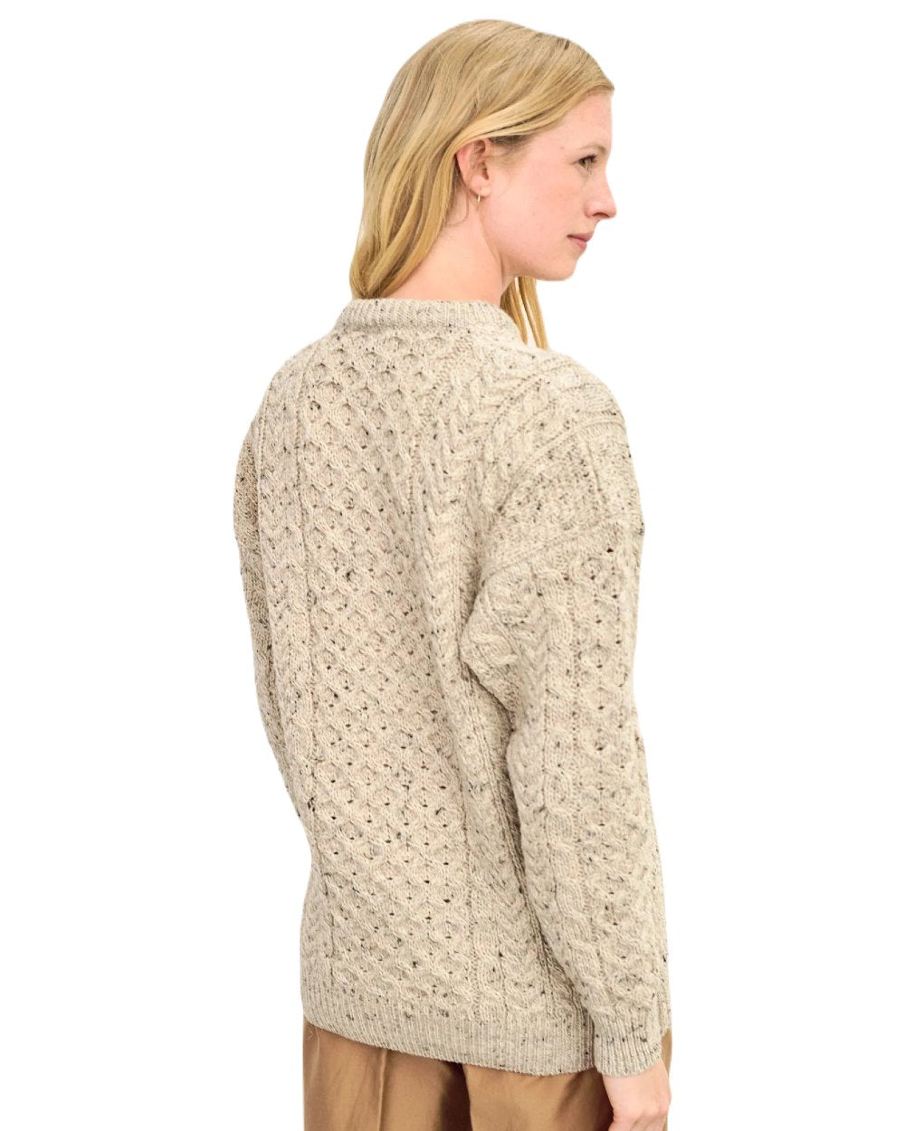 Flecked Oat coloured Aran Womens Inishbofin Traditional Sweater on white background 