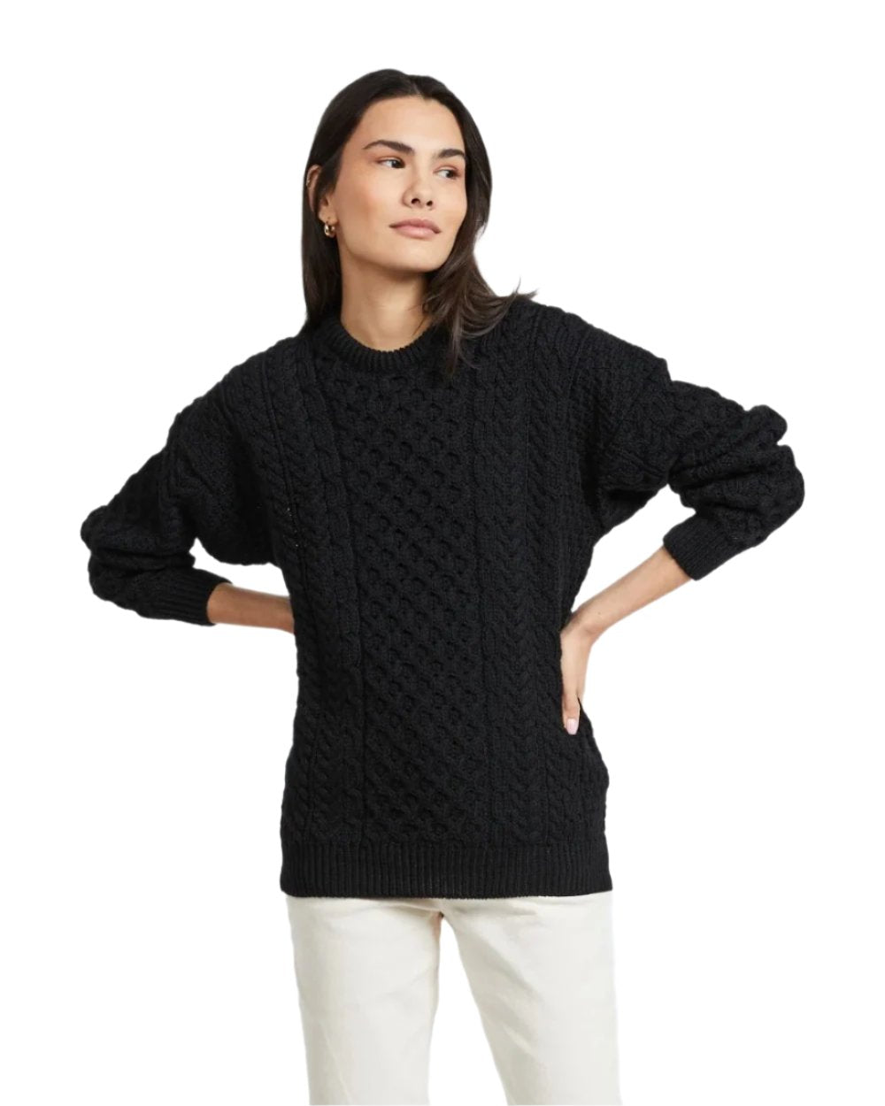 Black Coloured Aran Inisheer Traditional Sweater on white background 