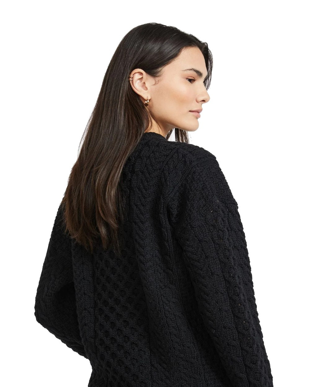 Black Coloured Aran Inisheer Traditional Sweater on white background 