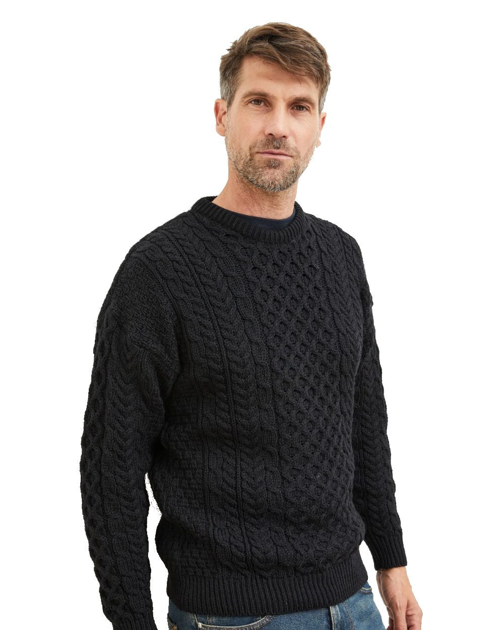 Black Coloured Aran Inisheer Traditional Sweater on white background 