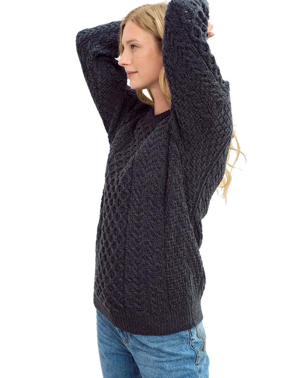 Charcoal Coloured Aran Inisheer Traditional Sweater on white background 