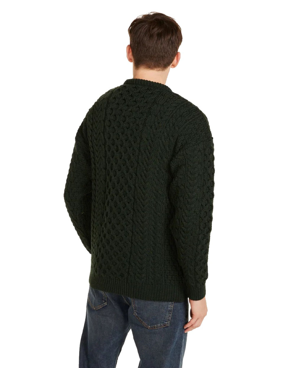 Forest Green Coloured Aran Inisheer Traditional Sweater on white background 