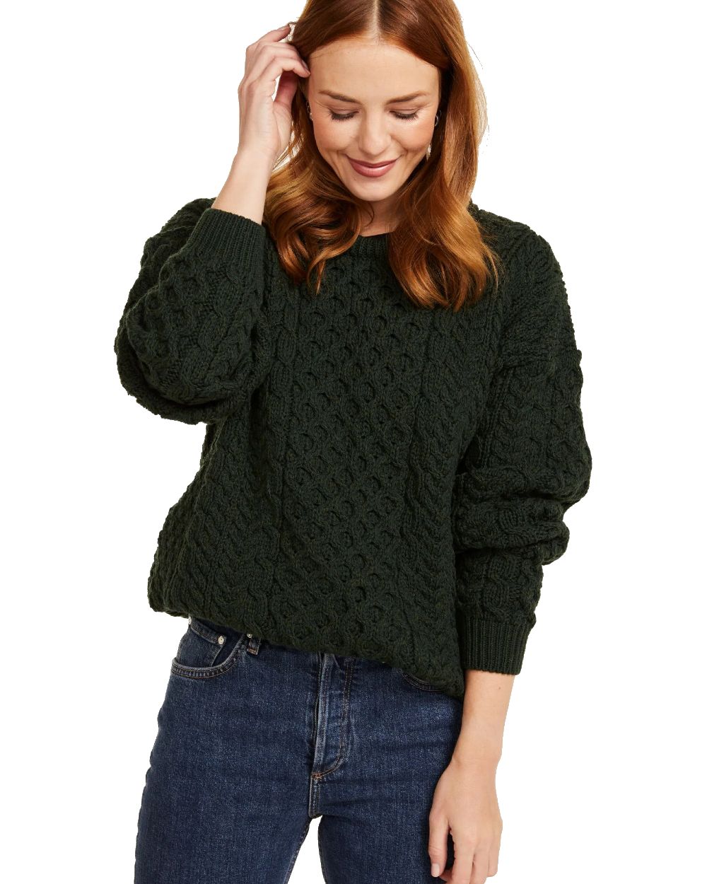 Forest Green Coloured Aran Inisheer Traditional Sweater on white background 