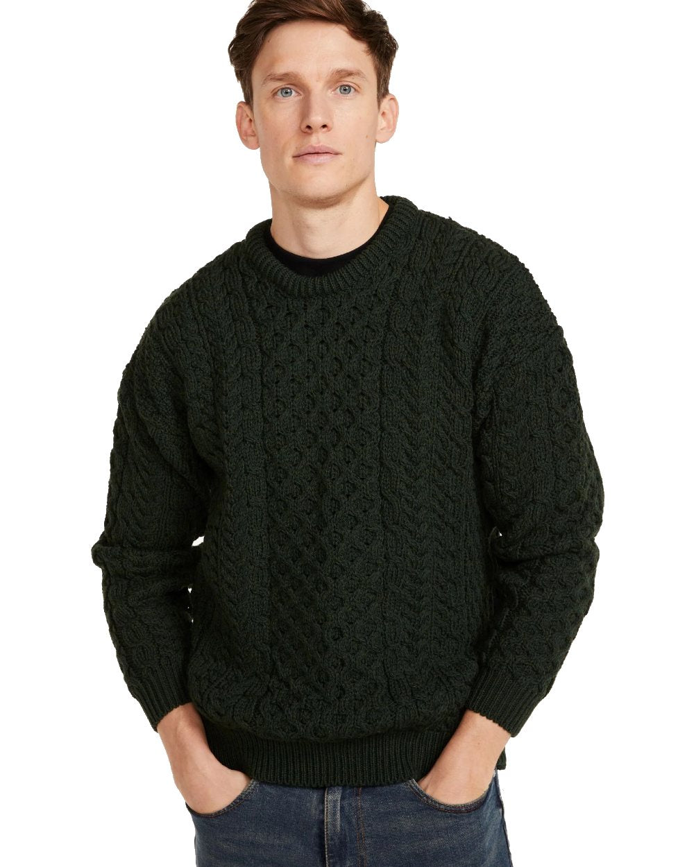 Forest Green Coloured Aran Inisheer Traditional Sweater on white background 