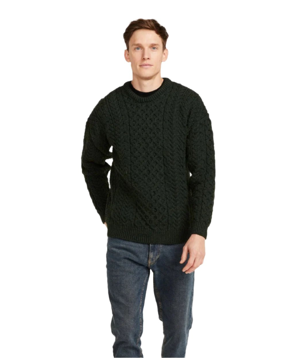 Forest Green Coloured Aran Inisheer Traditional Sweater on white background 