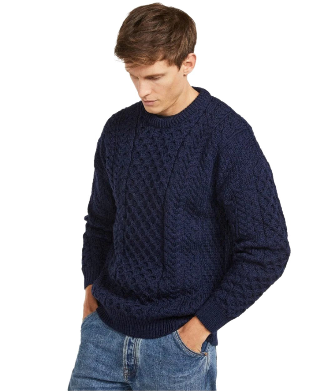 Navy Coloured Aran Inisheer Traditional Sweater on white background 