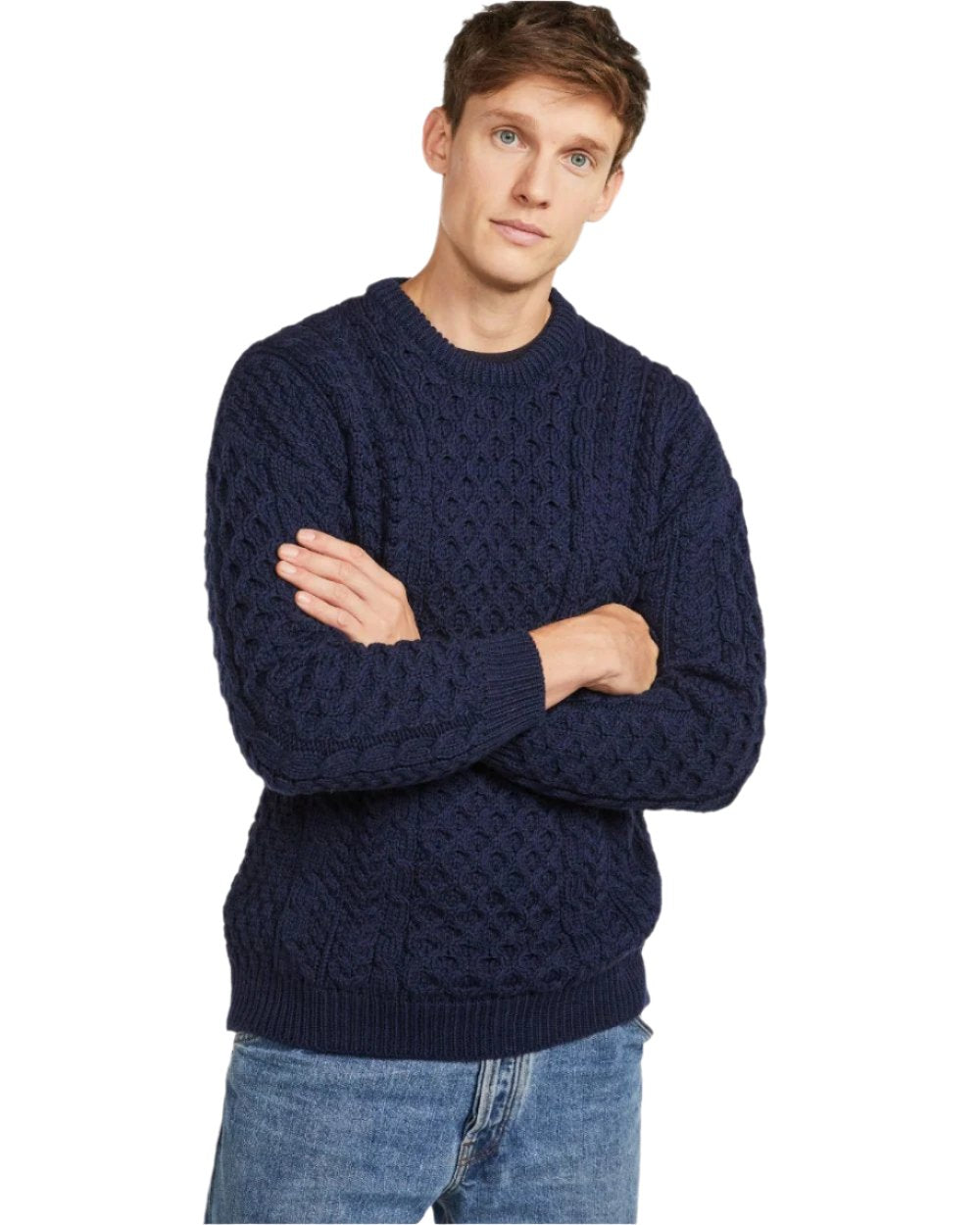 Navy Coloured Aran Inisheer Traditional Sweater on white background 