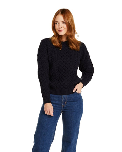 Navy Coloured Aran Inisheer Traditional Sweater on white background 