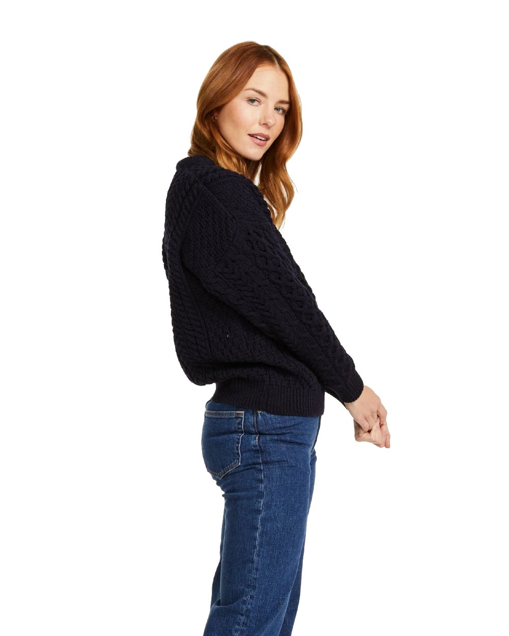 Navy Coloured Aran Inisheer Traditional Sweater on white background 