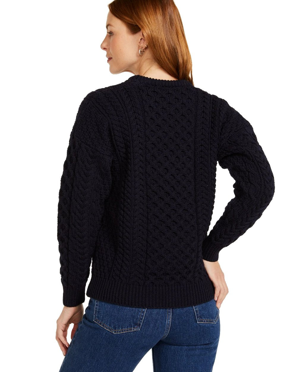 Navy Coloured Aran Inisheer Traditional Sweater on white background 