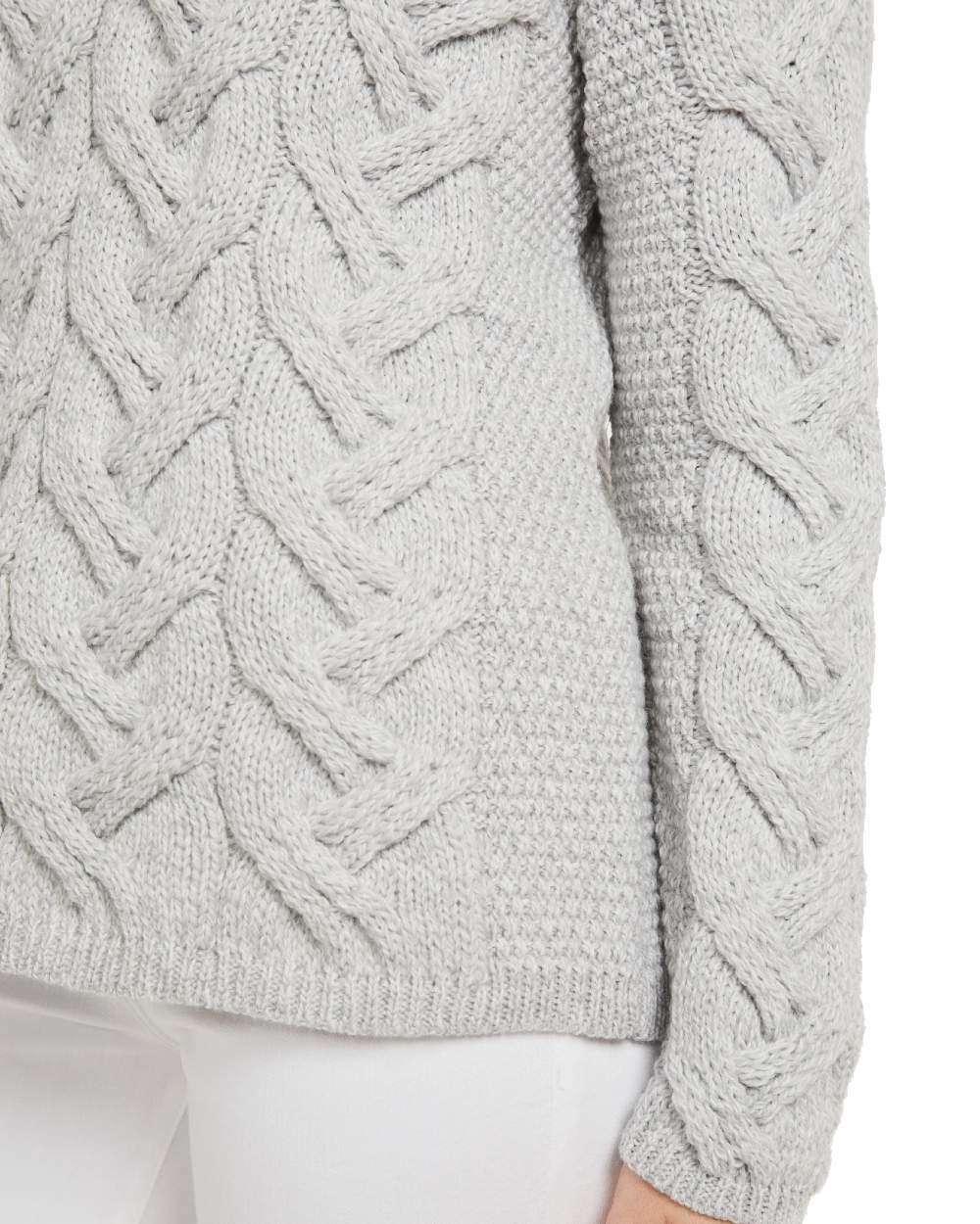 Feathered Grey Coloured Aran Kinsale Womens Cable Sweater on white background 