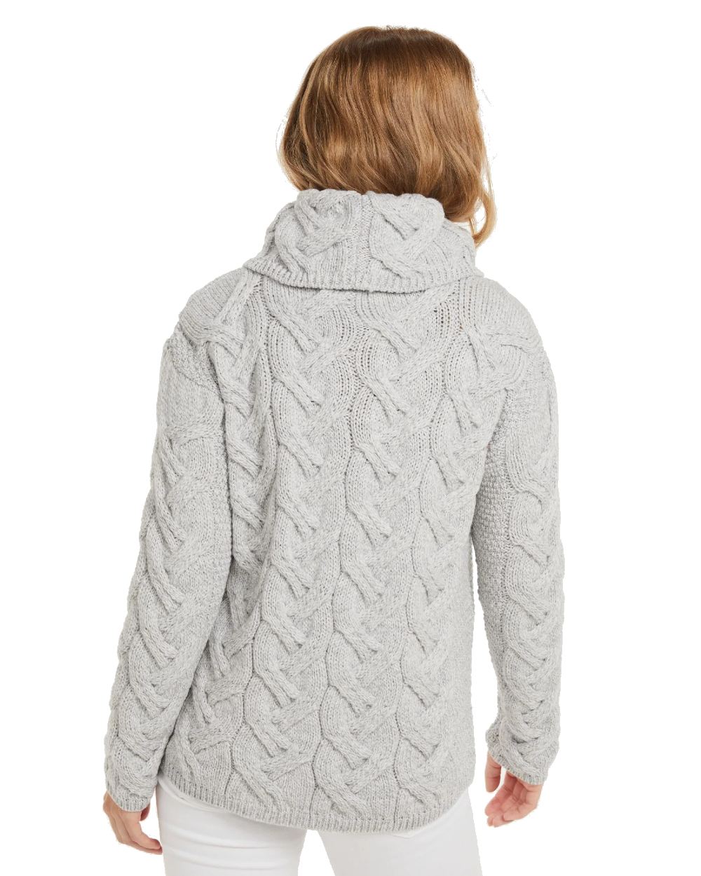 Feathered Grey Coloured Aran Kinsale Womens Cable Sweater on white background 