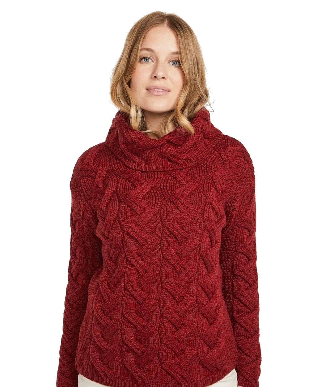 Red Coloured Aran Kinsale Womens Cable Sweater on white background 