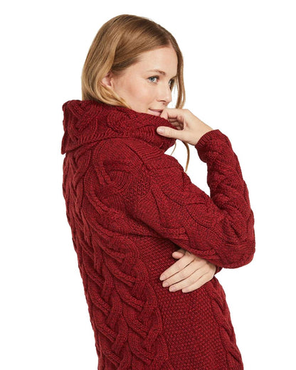 Red Coloured Aran Kinsale Womens Cable Sweater on white background 