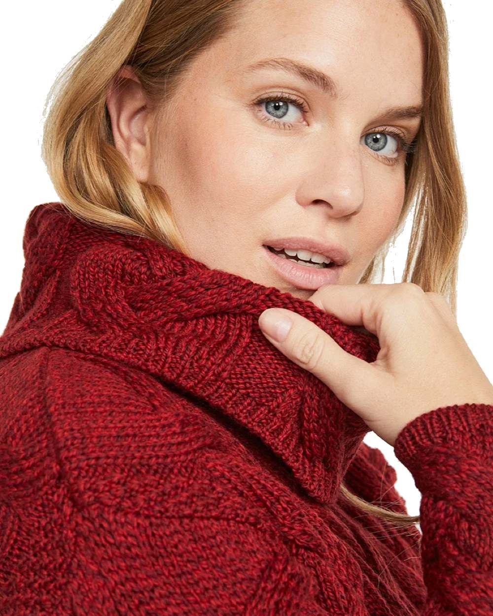 Red Coloured Aran Kinsale Womens Cable Sweater on white background 