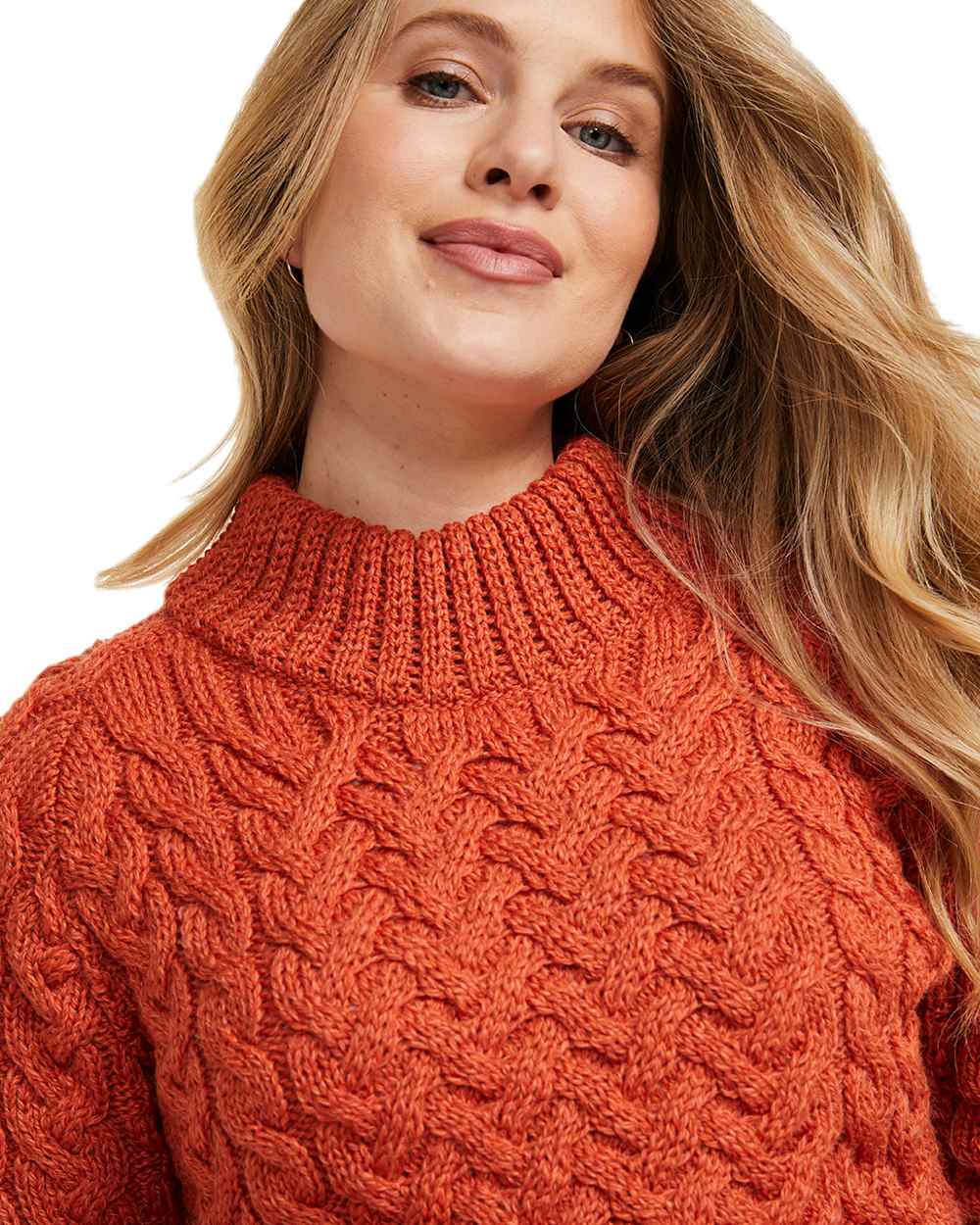 Autumn Leaf Coloured Aran Knightstown Womens Crew Neck Sweater on white background 