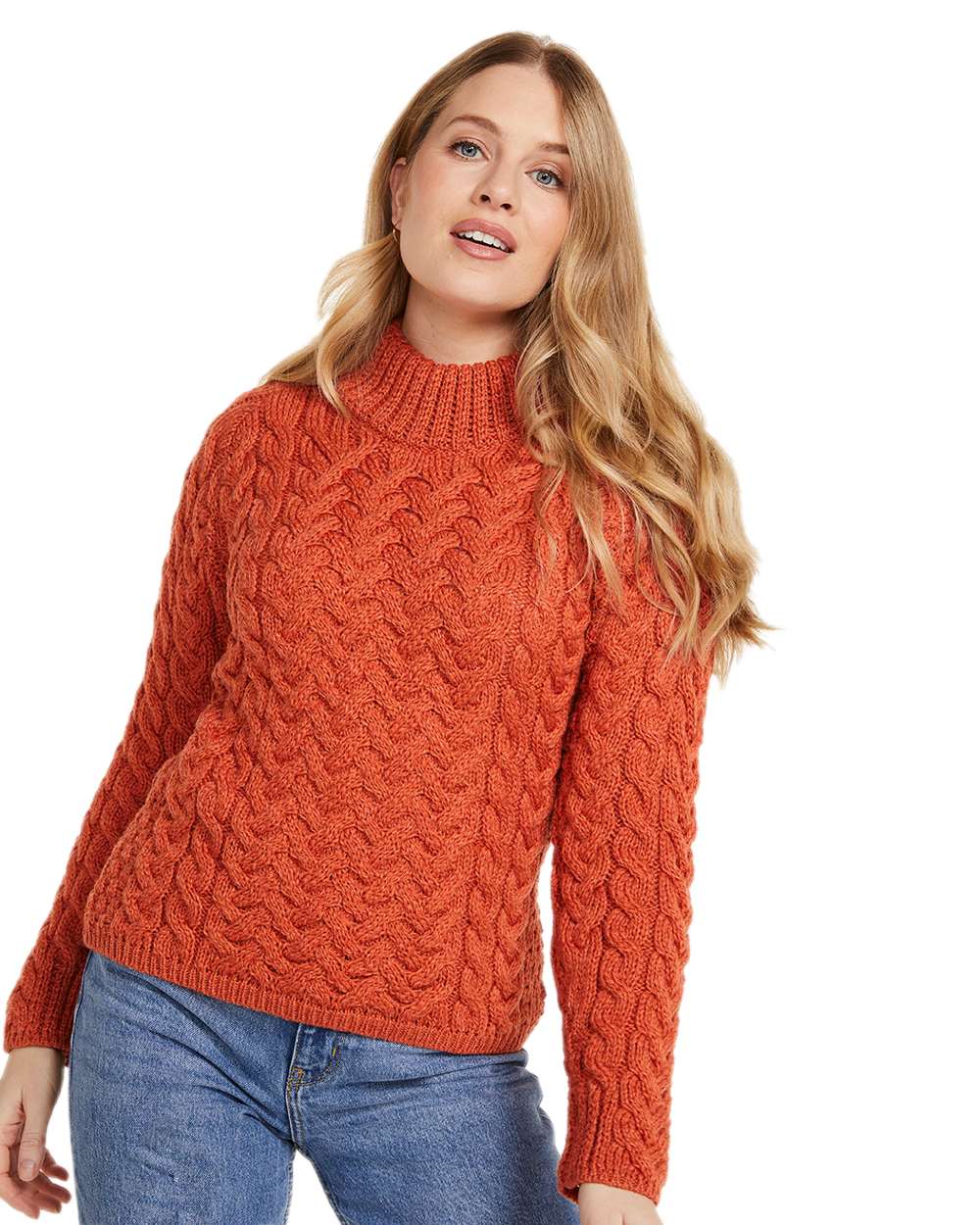 Autumn Leaf Coloured Aran Knightstown Womens Crew Neck Sweater on white background 