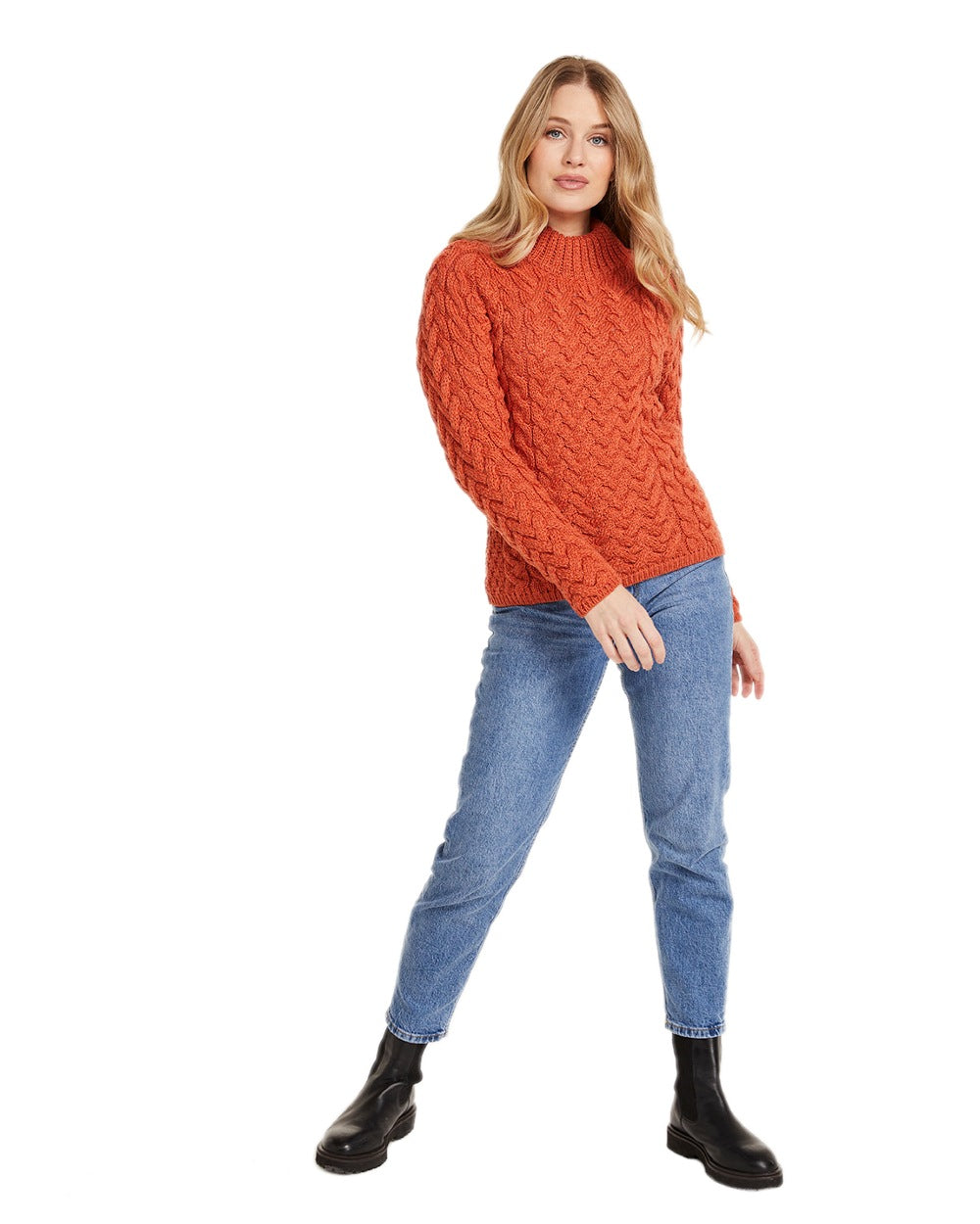 Autumn Leaf Coloured Aran Knightstown Womens Crew Neck Sweater on white background 