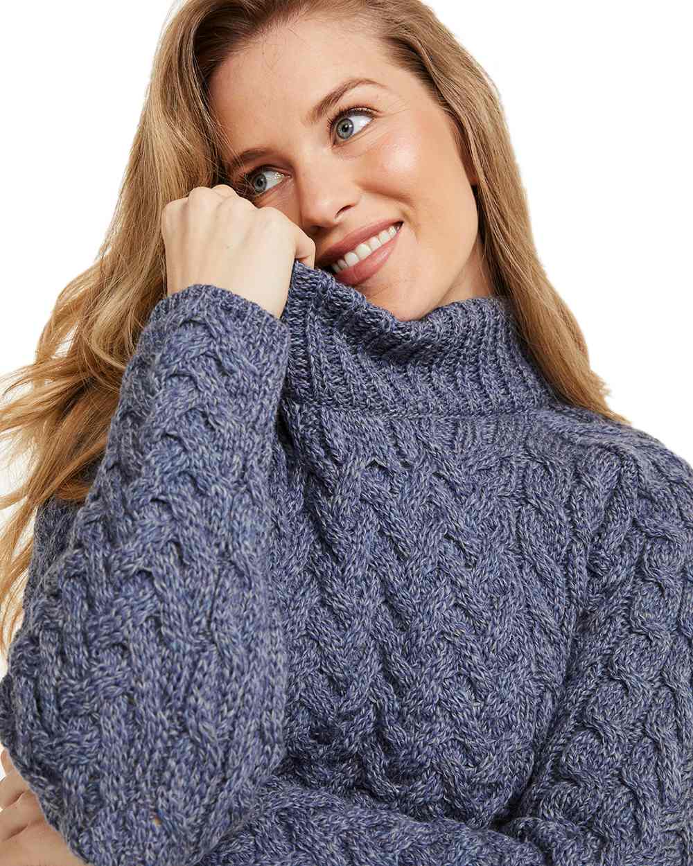 Denim Coloured Aran Knightstown Womens Crew Neck Sweater on white background 