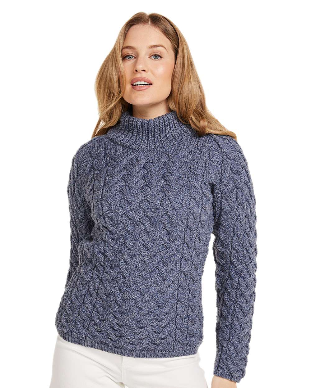 Denim Coloured Aran Knightstown Womens Crew Neck Sweater on white background 