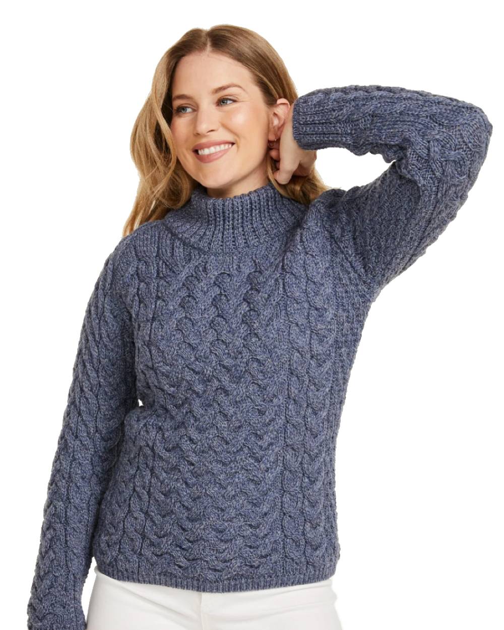 Denim Coloured Aran Knightstown Womens Crew Neck Sweater on white background 