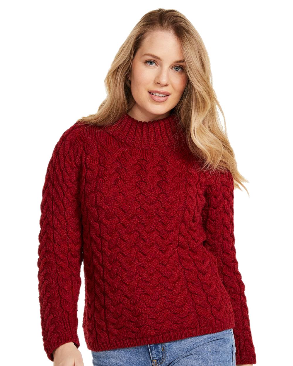 Red Coloured Aran Knightstown Womens Crew Neck Sweater on white background 