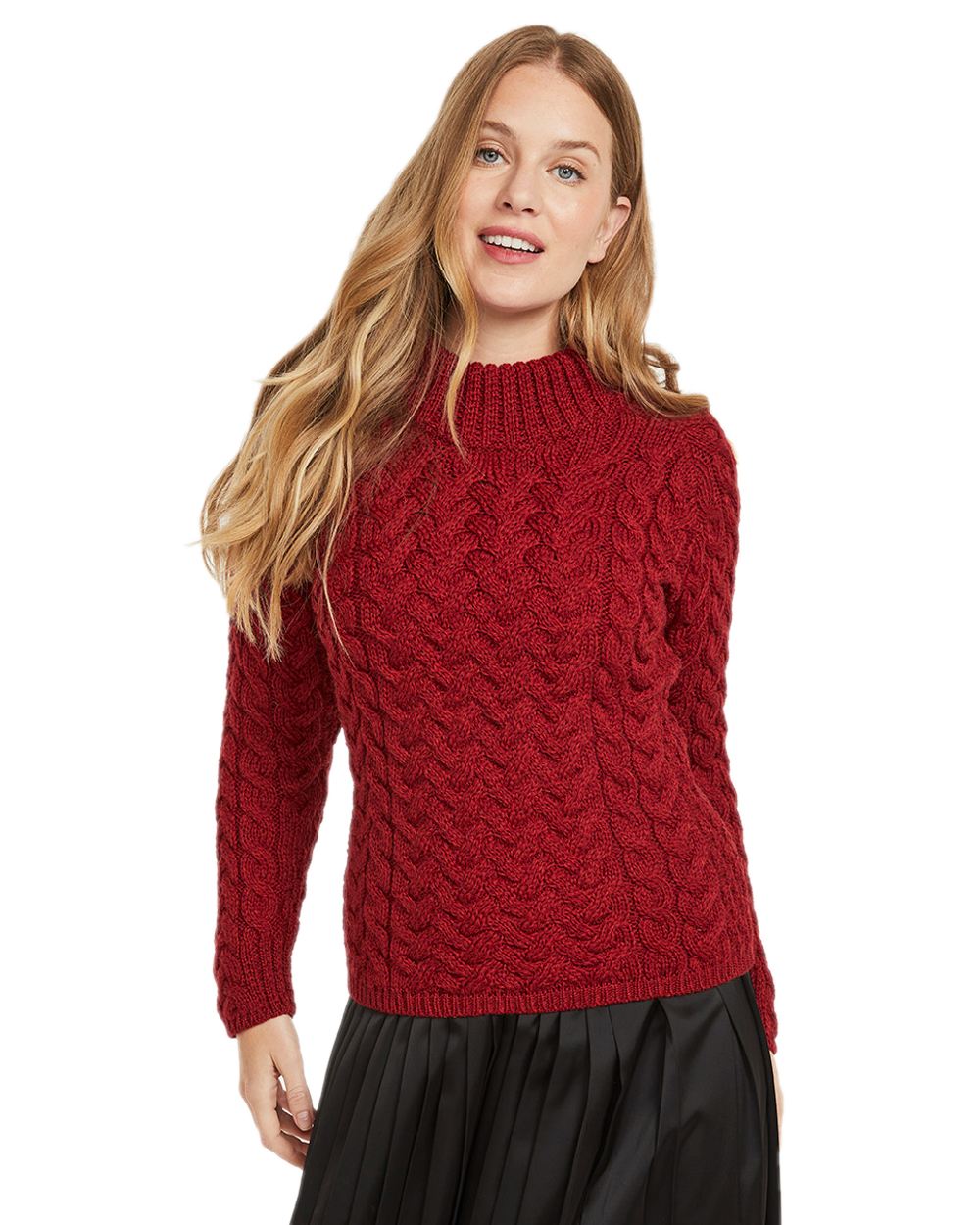 Red Coloured Aran Knightstown Womens Crew Neck Sweater on white background 