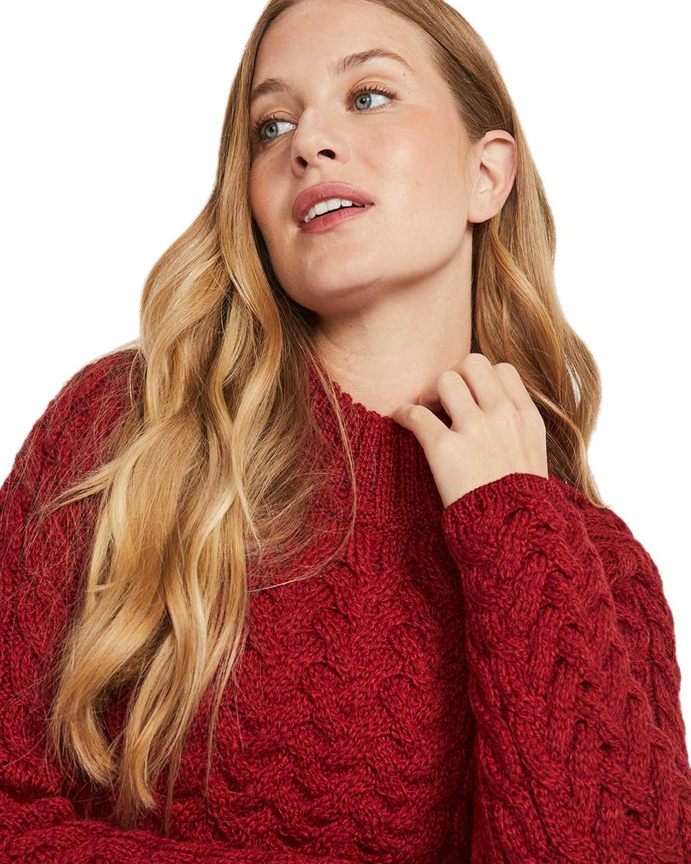 Red Coloured Aran Knightstown Womens Crew Neck Sweater on white background 