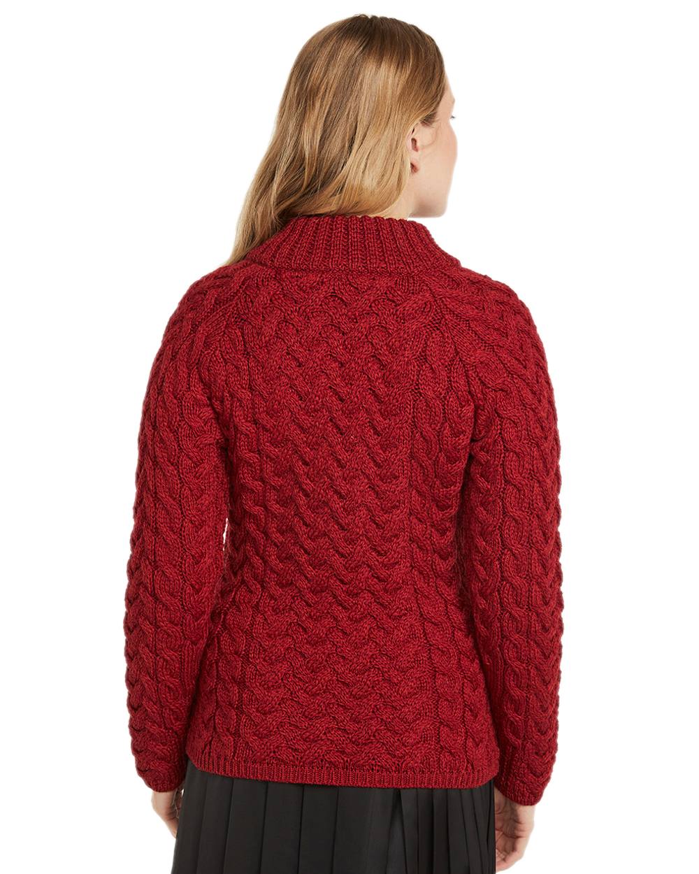 Red Coloured Aran Knightstown Womens Crew Neck Sweater on white background 