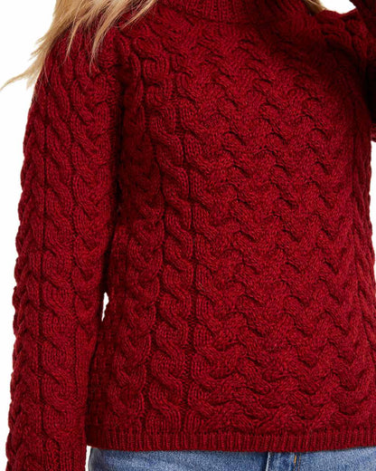 Red Coloured Aran Knightstown Womens Crew Neck Sweater on white background 