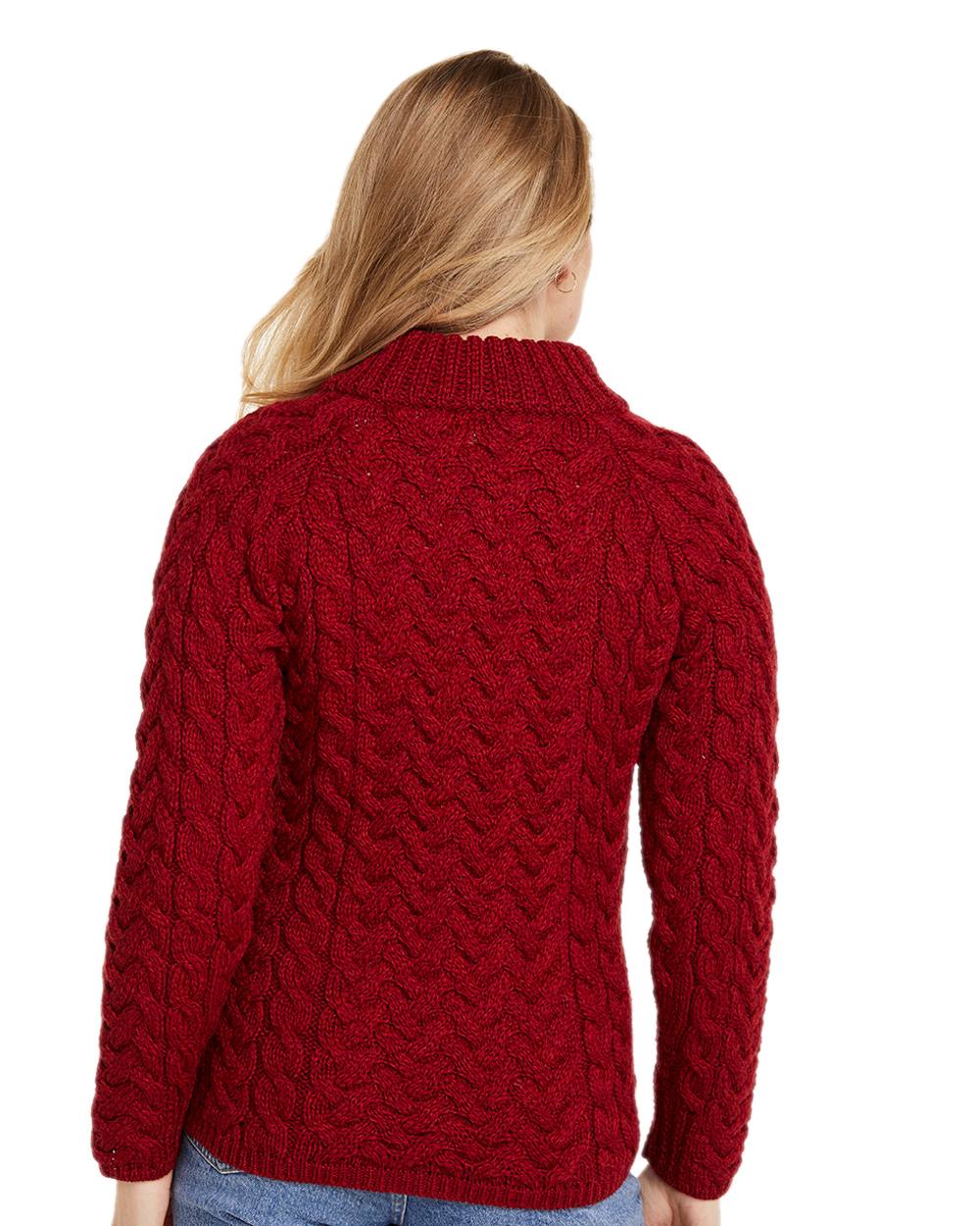 Red Coloured Aran Knightstown Womens Crew Neck Sweater on white background 