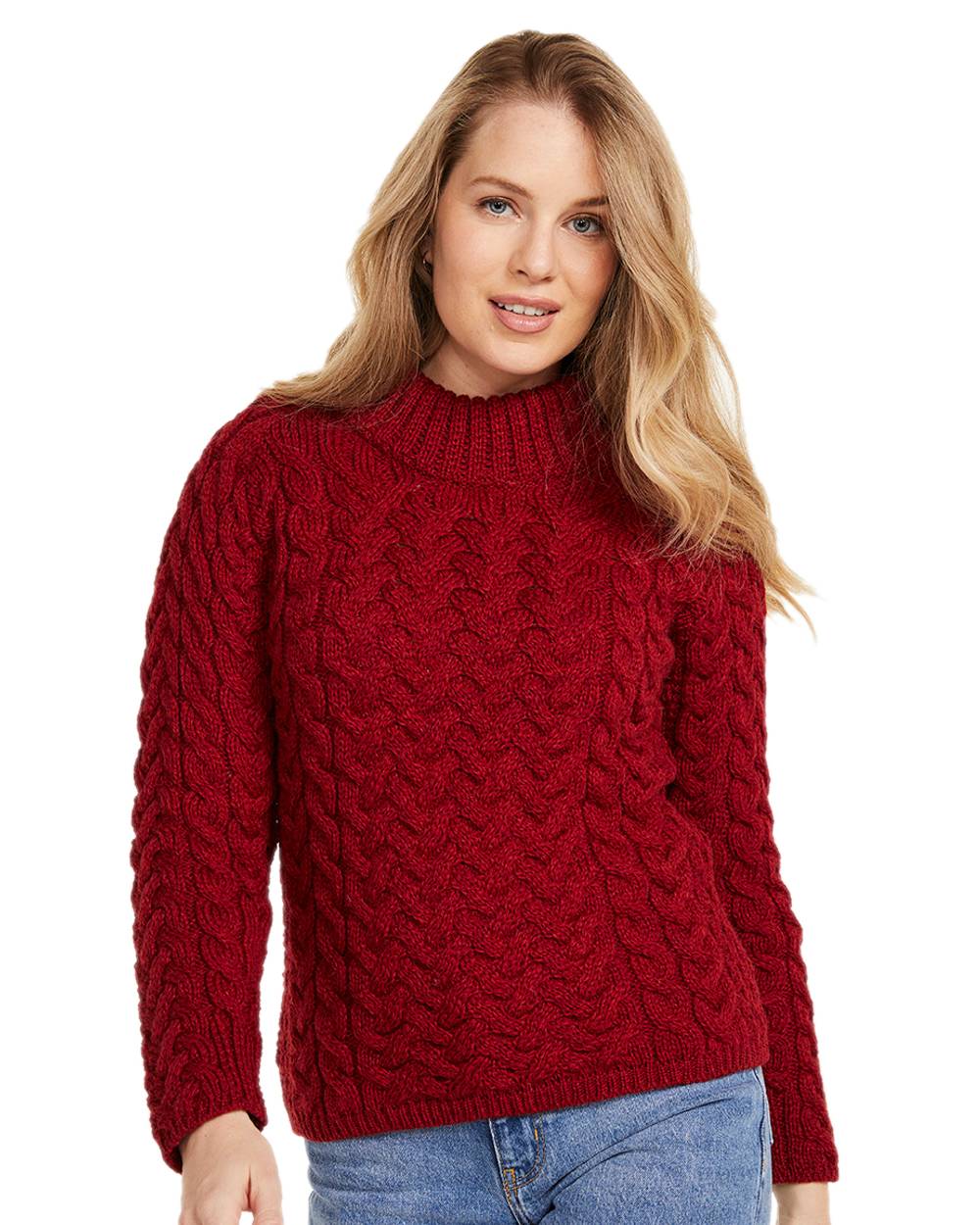 Red Coloured Aran Knightstown Womens Crew Neck Sweater on white background 