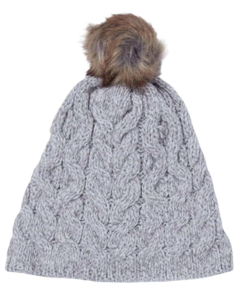 Beige Coloured Aran Knitted Faux Fur Bobble Hat on white background 