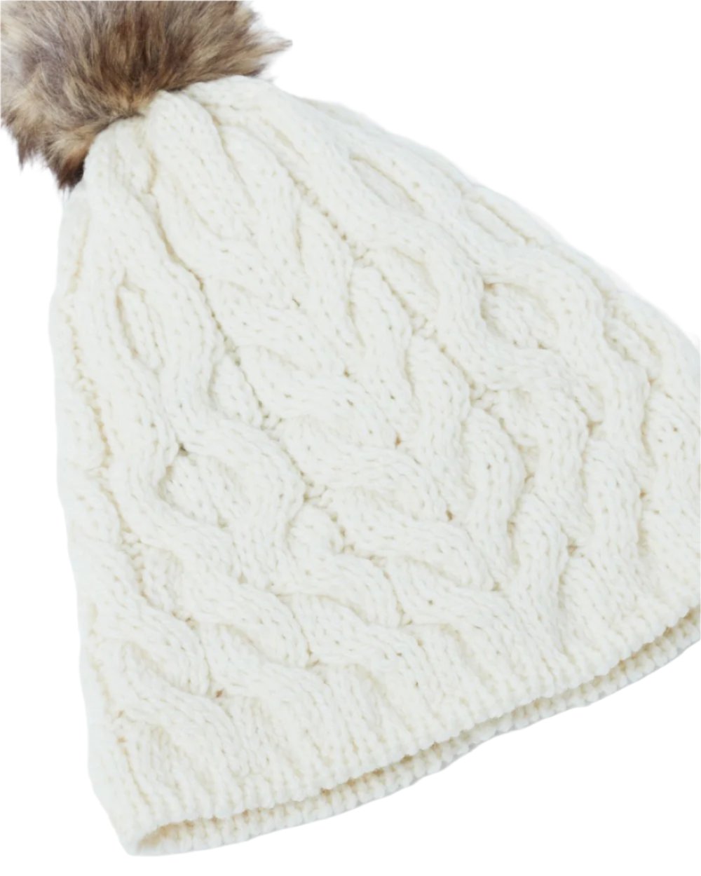 Cream Coloured Aran Knitted Faux Fur Bobble Hat on white background 