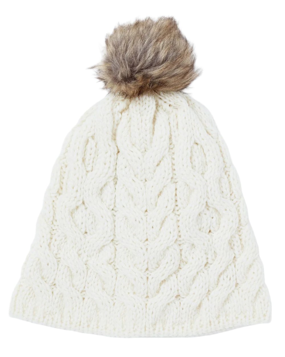 Cream Coloured Aran Knitted Faux Fur Bobble Hat on white background 