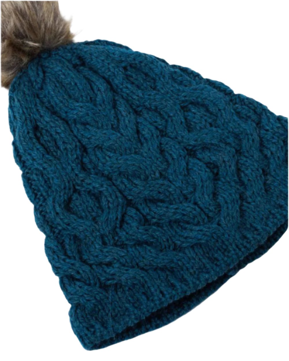 Teal Coloured Aran Knitted Faux Fur Bobble Hat on white background 