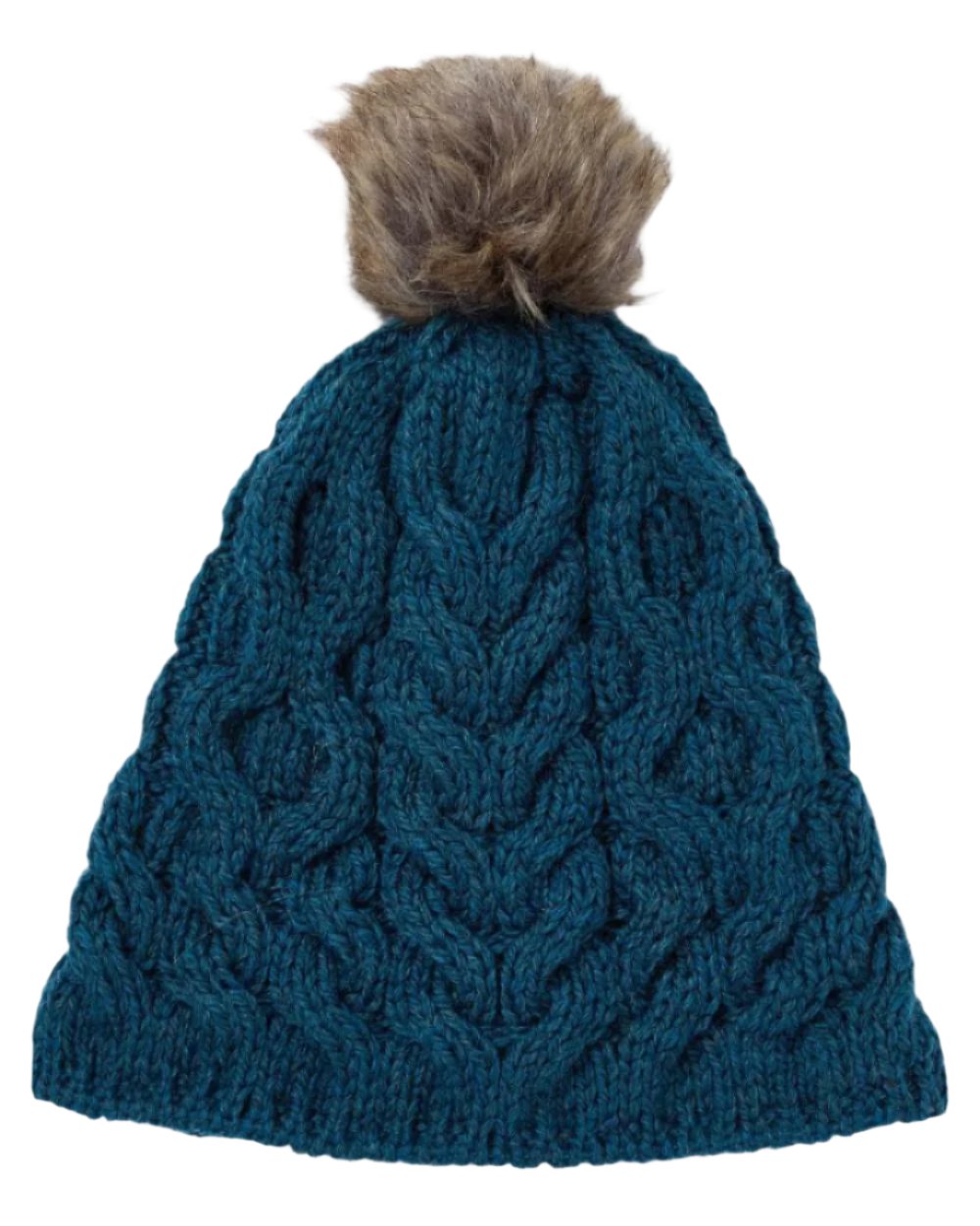 Teal Coloured Aran Knitted Faux Fur Bobble Hat on white background 