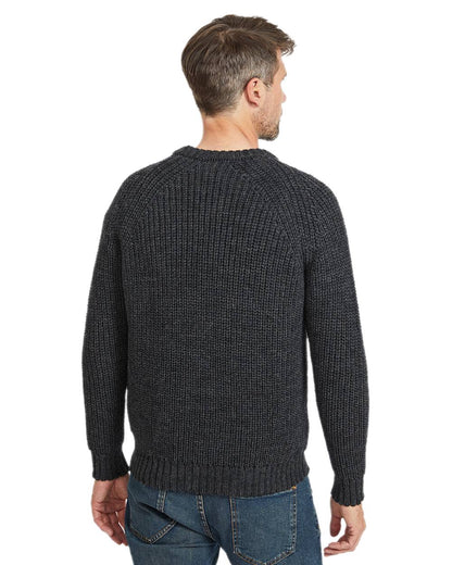 Charcoal Coloured Aran Mens Fisherman Raglan Crew Sweater on white background 