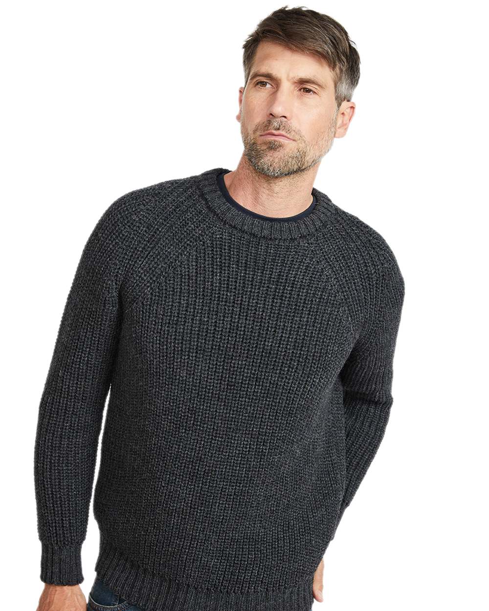 Charcoal Coloured Aran Mens Fisherman Raglan Crew Sweater on white background 