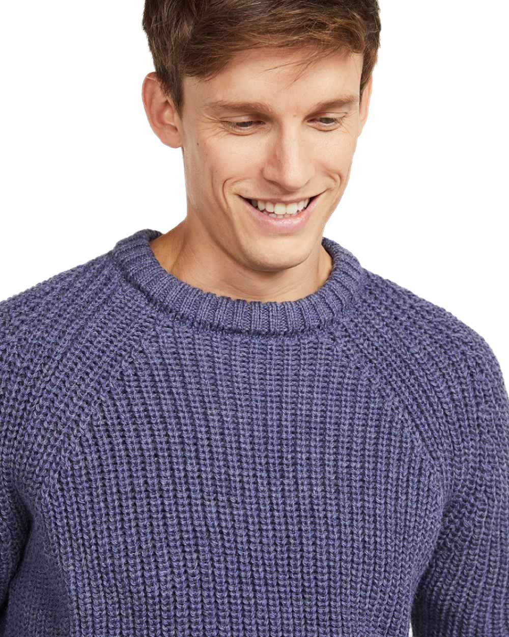 Denim Coloured Aran Mens Fisherman Raglan Crew Sweater on white background 