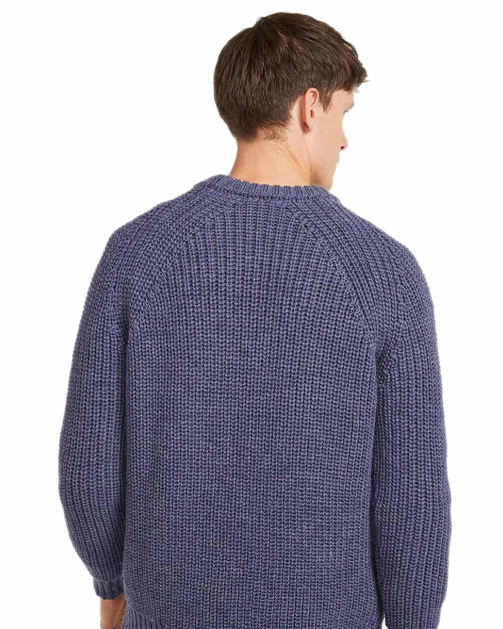 Denim Coloured Aran Mens Fisherman Raglan Crew Sweater on white background 