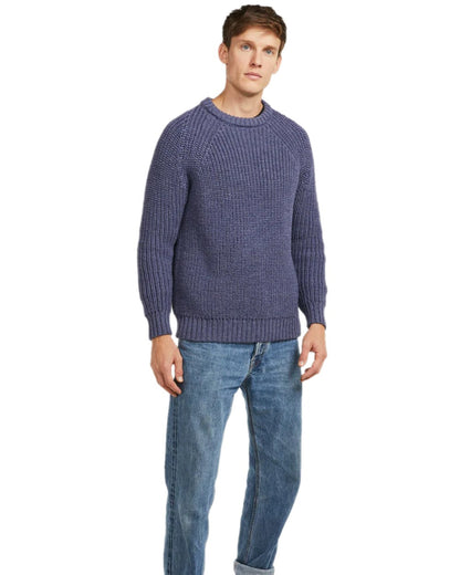 Denim Coloured Aran Mens Fisherman Raglan Crew Sweater on white background 