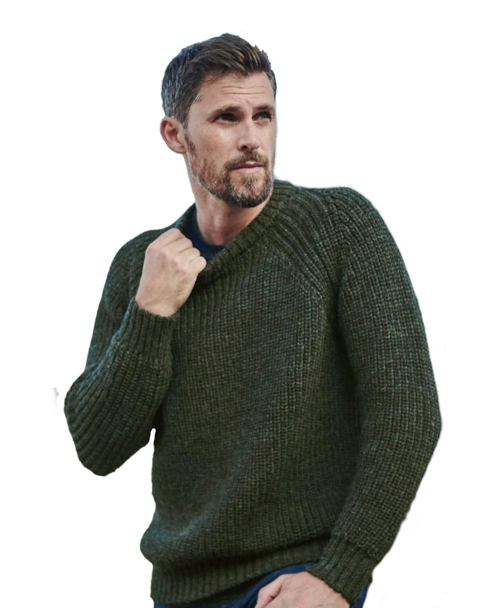 Green Coloured Aran Mens Fisherman Raglan Crew Sweater on white background 