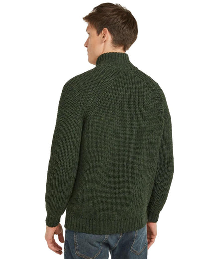 Green coloured Aran Mens Fisherman Raglan Zip Sweater on white background 