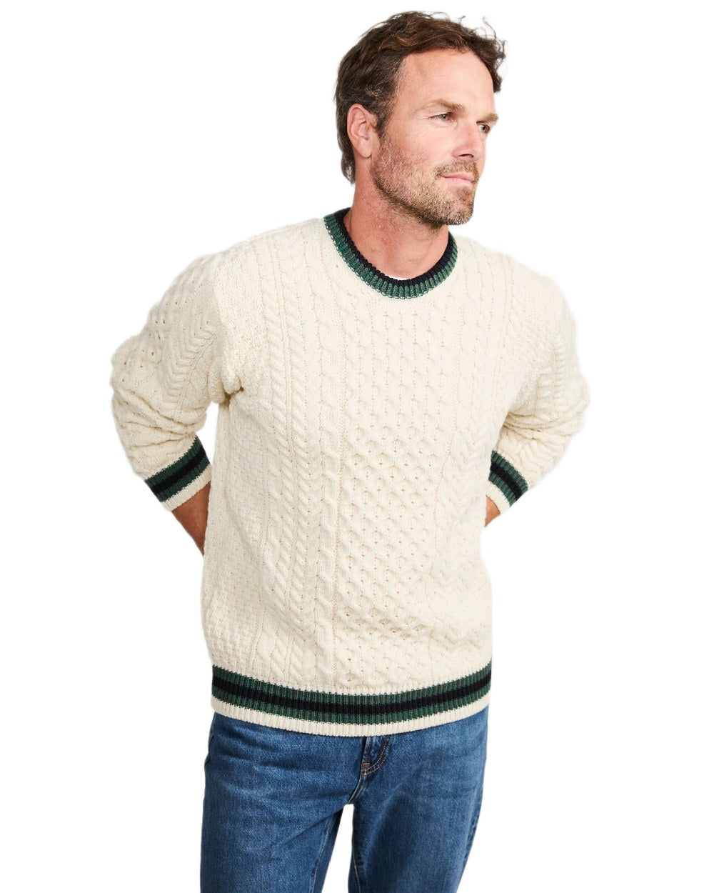 Cream Coloured Aran Mens Inishbeg Stripe Crewneck Merino Sweater on white background 