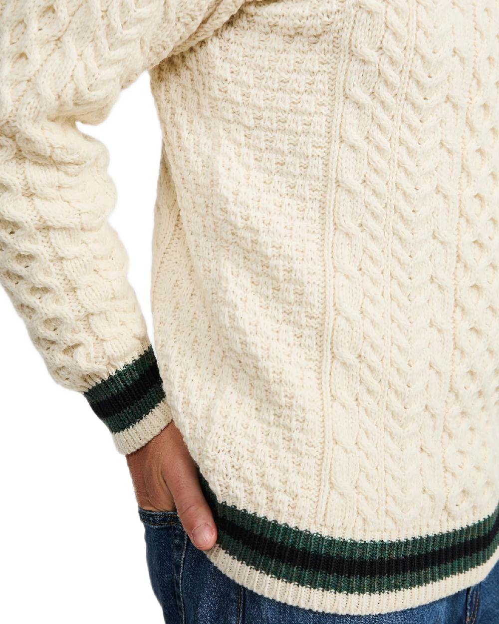 Cream Coloured Aran Mens Inishbeg Stripe Crewneck Merino Sweater on white background 