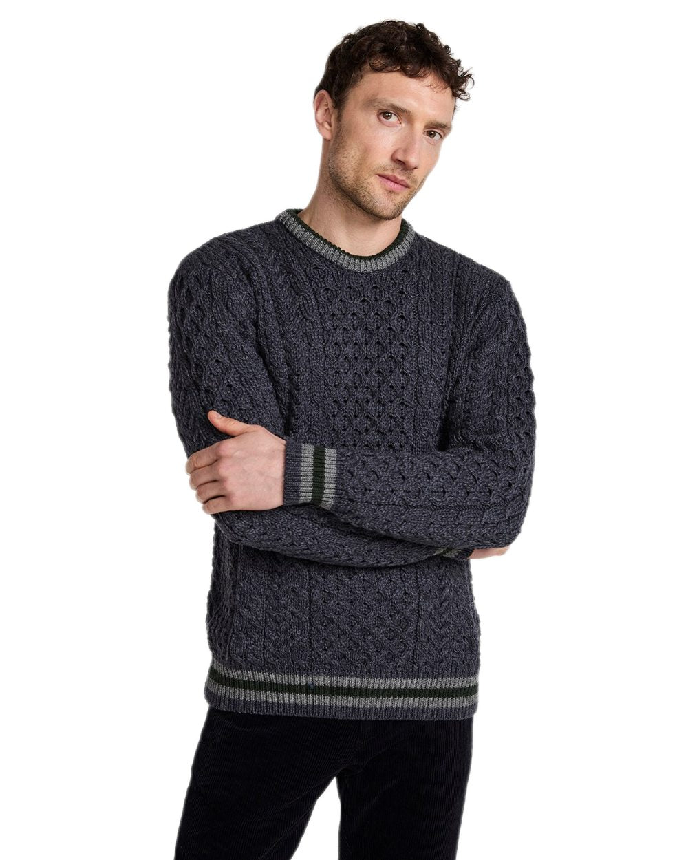 Dark Grey Coloured Aran Mens Inishbeg Stripe Crewneck Merino Sweater on white background 