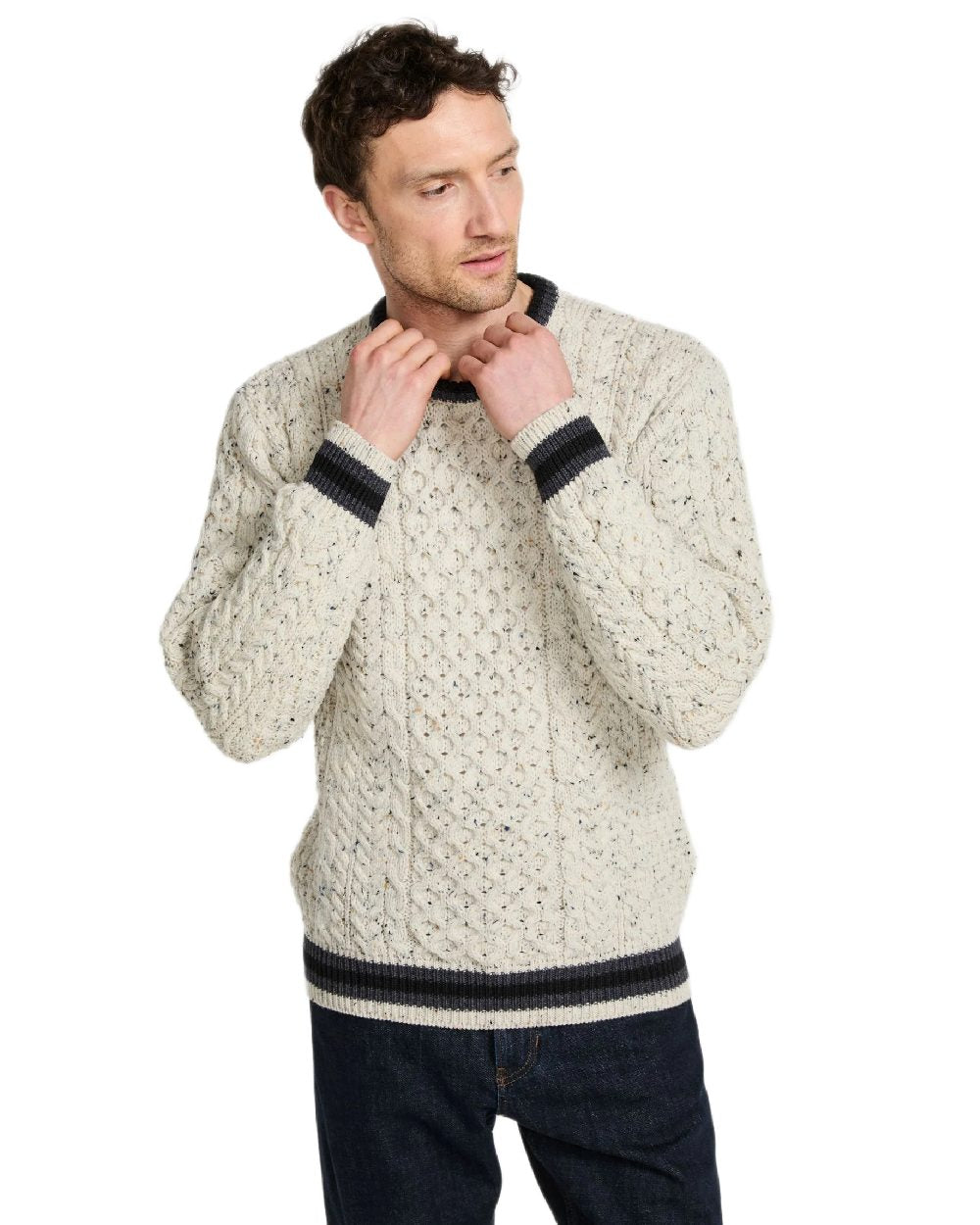 Flecked Cream Coloured Aran Mens Inishbeg Stripe Crewneck Merino Sweater on white background 
