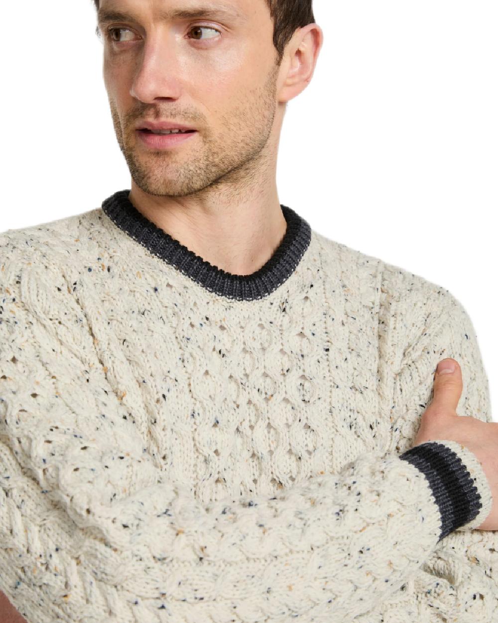 Flecked Cream Coloured Aran Mens Inishbeg Stripe Crewneck Merino Sweater on white background 