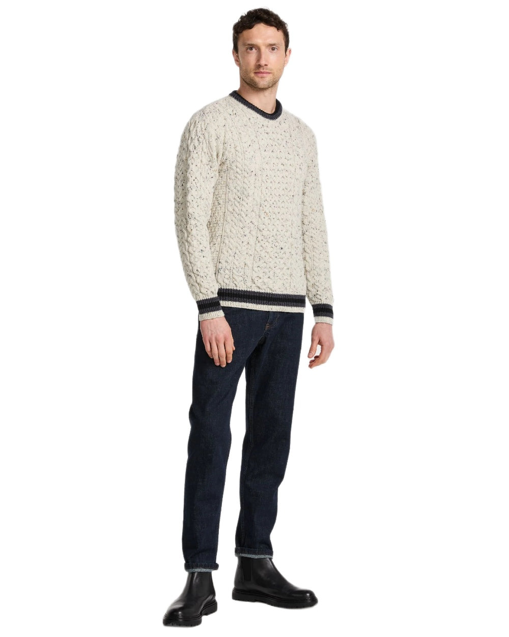 Flecked Cream Coloured Aran Mens Inishbeg Stripe Crewneck Merino Sweater on white background 